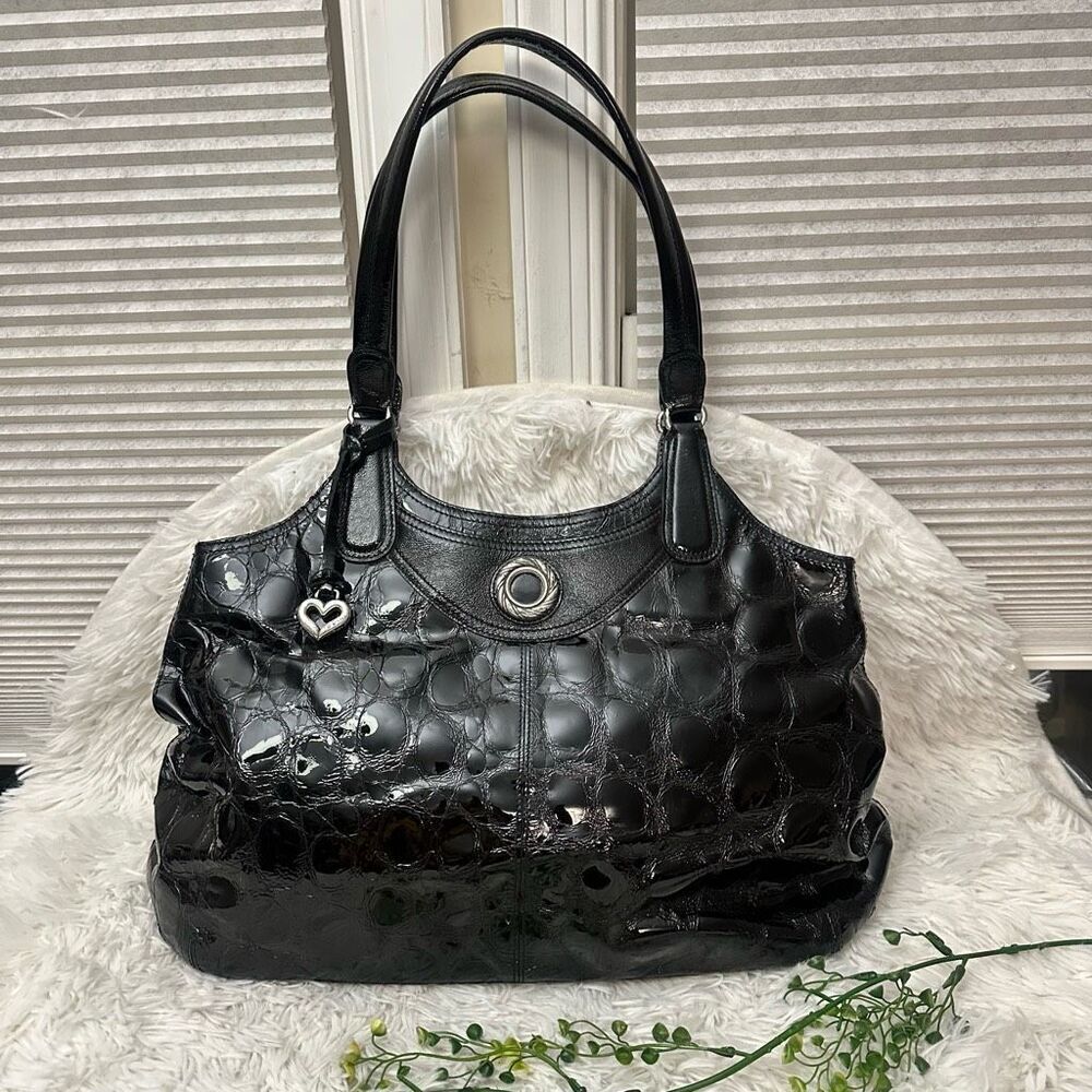 Brighton Black Croc Embossed Patent Leather‎ Large Hobo Shoulder Bag